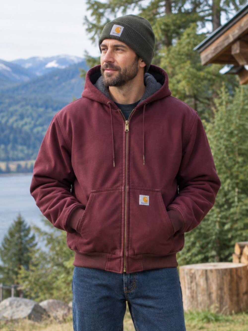 Carhartt Thermal Lined Full Zip Hoodie Burgundy XL Heavyweight Workwear